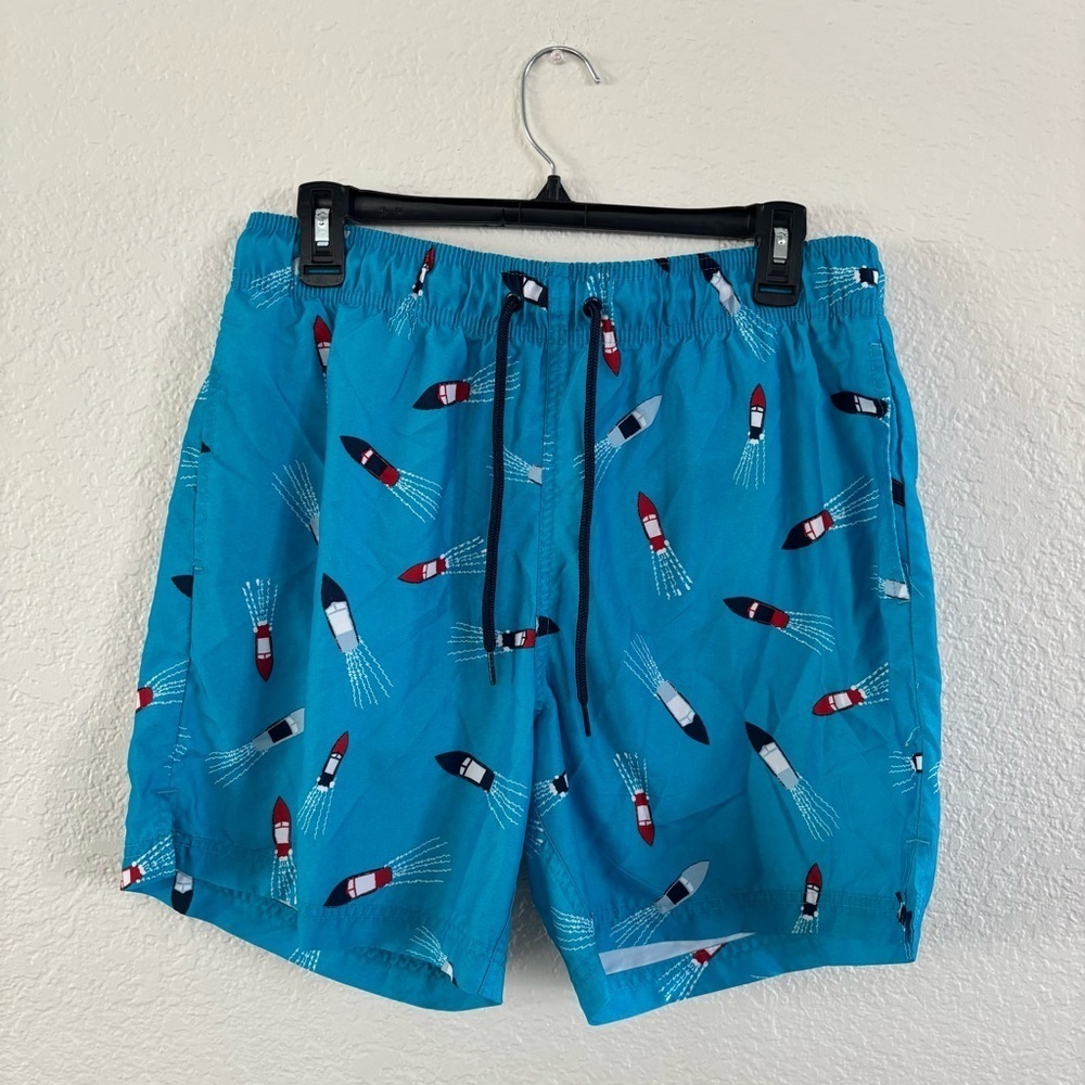 George Blue Swim Trunks with Rocket Print